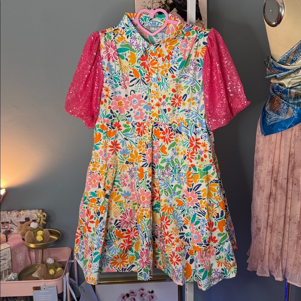 081 • ON SALE!...Floral Button-Front Baby Doll Cotton Dress Pink Puff Sequined - Picture 3 of 12